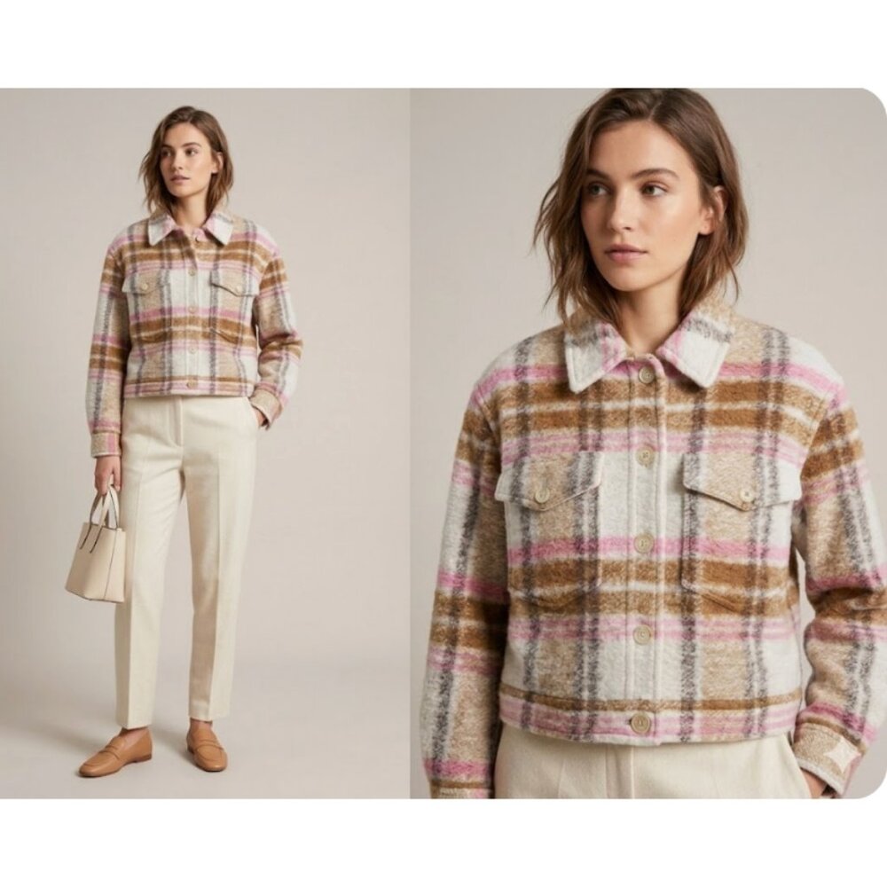 Aritzia Plaid Wool-Blend Cropped Jacket in Cream, Pink, Brown